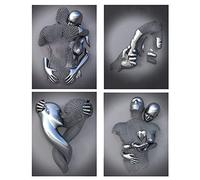 4pcs Figura Abstracta de Metal Escultura, Cuadros Abstractos Modernos, Love Heart 3D Effect Wall Art, Lienzo para Pintar, Cuadros Decoracion Salon/Dormitorio/Oficina-60*80cm