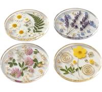 4Pcs Flower Coaster Set, Dried Flower Clear Mat, Non Slip Mug Holder with Elegant Design, Transparent Pressed Flower Coasters,Round Outdoor Coasters, Weddings, Mother's Day Gifts, Table Decorations