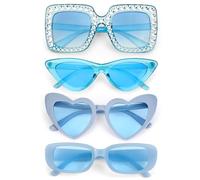 4PCS Gafas de Sol Mujer Azul, en Forma de Corazon Vintage Rectangulares Cuadradas Retro Ojo de Gato, Sunglasses Women Men, Gafas de Sol Fiesta de Raves Despedida de Soltera Festival para Mujer Hombre