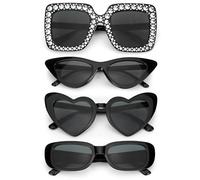 4PCS Gafas de Sol Mujer Negro, en Forma de Corazon Vintage Rectangulares Cuadradas Retro Ojo de Gato, Sunglasses Women, Gafas de Sol Fiesta de Raves Despedida de Soltera Festival para Mujer Hombre