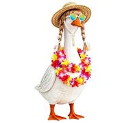 4PCS Hawaiian Porch Goose Costume Set - Polyester Lawn Goose Outfit With Straw Hat Glasses Wig And Floral Lei For 23in And 17in Yard Geese Summer Party Garden Patio Outdoor Decorative Accessories