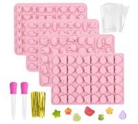 4pcs Molde para Hacer Gominolas, Molde Caramelos Silicona Sin BPA, Mini Moldes de Animales Antiadherentes con 2 Goteros y 50pcs Bolsitas para Caramelos, Gomitas, Chocolate, Dulces