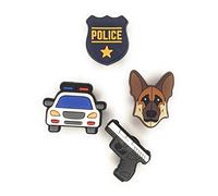 4pcs Perro Pastor Alemán K9 Unidad Canina Policía Coche Oficial Zapatos Charms para Zuecos Zapatos Decoración Regalo por Worked Like A Charm|, PVC impermeable, Sin gemas.