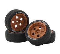 4PCS RC Tire Wheels for Tamiya TT01 / TT02 / XV01 | 1/10 Scale Racing Car | Resilient Rubber Plastic Shock Absorbing Tires | Easy Install for Drift & Stunt Driving (Brown)