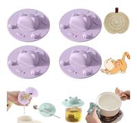 4Pcs Silicone Cup Covers, 4 Inch Cat-Designed Cup Cover with Tea Bag Holder Mug Lid, Reusable, for Coffee Milk Tea Ordinary Cups (Purple,4pcs)