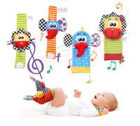 4pcs Sonajero Calcetines y Muñequeras para Bebé, Sonajero Toys con Buscador de Muñeca y Pie Juguetes de Animales Suaves y Bonitos para 0-12 Meses Recién Nacido Niño Niñas(2 Pulseras y 2 Calcetines)