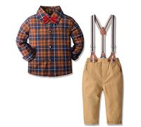 4Piezas Ropa Bebe niño Conjuntos Camisas de Manga Larga + Pajarita + Pantalones + Correa, Infantil niños Trajes Conjunto de Fiesta Boda Bautizo（Marrón Beige，12-18 Meses）