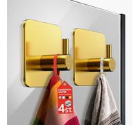 4smile Ganchos para toallas sin taladrar - Juego de 4 toalleros sin taladrar oro, ganchos de acero inoxidable, ganchos adhesivos resistentes al agua, ganchos autoadhesivos, ganchos para toallas de