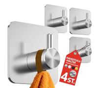 4smile Toalleros sin taladrar, 4 unidades en plata, resistentes al agua, ganchos de acero inoxidable, ganchos adhesivos para baño, cocina, ganchos extrafuertes, ganchos autoadhesivos, ganchos para