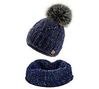 4sold Conjunto de Sombreros de Invierno para Mujer Sombrero de Lana de Alpaca y Bufanda de Lana Sombrero de Gorrita Tejida de Invierno Forro Polar, pompón Artificial - Set Navy