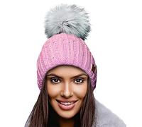 4sold para Mujer Invierno Más Cálido Sombrero Gorra with Large Pom Pom de la Bola Gorra Tejida Gorra Grande Snowboard Ski Bobble Circle Little Crystals (Rosa)