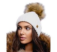 4sold para Mujer Invierno Más Cálido Sombrero Gorra with Large Pom Pom de la Bola Gorra Tejida Gorra Grande Snowboard Ski Bobble Circle Little Crystals (Ecru)