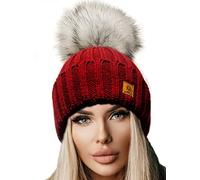 4sold para Mujer Invierno Más Cálido Sombrero Gorra with Large Pom Pom de la Bola Gorra Tejida Gorra Grande Snowboard Ski Bobble Circle Little Crystals (Dark Red)