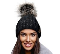 4sold para Mujer Invierno Más Cálido Sombrero Gorra with Large Pom Pom de la Bola Gorra Tejida Gorra Grande Snowboard Ski Bobble Circle Little Crystals (Negro)