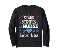 4th of July Nurse Funny Scrub Stars Stripes and Saving Lives Manga Larga