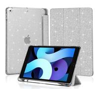 4UBonLife Funda para iPad 9.ª/8.ª/ 7.ª Generación 10,2 Pulgadas | Carcasa Delgada Brillante con Cubierta Trasera Rígida Transparente, Portalápiz, Auto Reposo/Activación, Purpurina Plateada