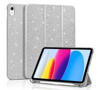 4UBonLife Funda para iPad (A16) 11ª/10ª Generación (2025 2022) | Carcasa Delgada Brillante con Cubierta Trasera Rígida Transparente, Portalápiz, Auto Reposo/Activación, Purpurina Plateada