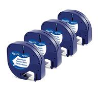 4x Compatible para Dymo Letratag Cinta de Etiquetas 12mm x 4m para LT-100H LT-100T LT-110T XR XM QX50, Recambios Letra Tag Cinta Plastico White Cinta 91201 S0721610, Negro sobre Blanco