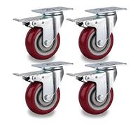 4X Heavy Duty Casters,Polyurethane Transport Castors,Cart Casters with Brakes,Red,360° Rotation,Load Capacity 360KG,Silent Castors Casters(A/4 Brake,100mm)