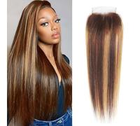 4x4 Closure Human Hair P4/27 Chocolate Brown with Honey Blonde Highlights Brazilian Hair Pre-Plucked Hairline Transparente Encaje Frontal 180% Density Natural Hairline & Free Parting 30,5 cm