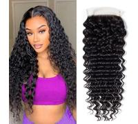 4x4 Lace Closure Brazilian Human Hair Deep Wave HD Transparent Swiss 100% Unprocessed Human Hair Curly Human Hair Natural Color (8 inch)