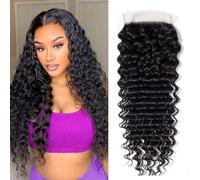 4x4 Lace Closure Brazilian Human Hair Deep Wave HD Transparent Swiss 100% Unprocessed Human Hair Deep Wave Curly Human Hair Natural Color (14 inch)