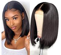 4x4 Lace Frontal Straight Bob Wig Human Hair Brasileña Encaje Free Part Pelo Humano Peluca Mujer Brasileña Natural Peluca Humano Pelo Short Corto Liso Color Negro 12 Pulgadas