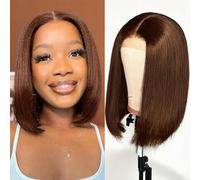 4x4 Lace Frontal Straight Bob Wig Human Hair Brasileña Encaje Free Part Pelo Humano Peluca Mujer Brasileña Natural Peluca Humano Pelo Short Corto Liso Color 10 Pulgadas Chocolate Brown#