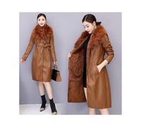 (4XL,orange)Women's Leather Jacket Winter Women's Coat with Fur Fox Collar Warm Slim Plus Size Coat