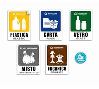 5 + 1 pegatinas para recogida selectiva grandes medidas 15 x 20 cm, impermeables, lavables, de vinilo suave, con ilustraciones recicladas - en italiano e inglés, 5 + 1 ud