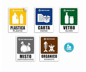 5 + 1 pegatinas para recogida selectiva grandes medidas 15 x 20 cm, impermeables, lavables, de vinilo suave, con ilustraciones recicladas - en italiano e inglés, 5 + 1 ud