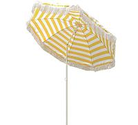 Ø 5.2ft/1.6m Foldable Beach Portable Garden Umbrella with Tassel, Tilt Round Parasol, Height Adjustable - Yellow White Stripes