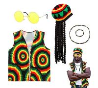 5 accesorios para disfraz de reggae, conjunto de disfraz rasta jamaicano con chaleco caribeño, lentes de sol amarillos, trenzados, peluca, sombrero, pulsera, para mujeres y hombres, fiesta, cosplay