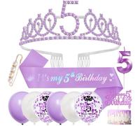 5 Años Decoración Cumpleaños Niña 5 Cumpleaños Corona Banda, Violeta Corona Cumpleaños Sash Globos Velas Primero de la Torta para 5 Cumpleaños Niña Decoracion