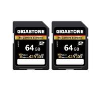 【5 Años Recuperación de Datos Gratis】 GIGASTONE 64GB Tarjeta de Memoria, Paquete de 2, 4K Cámara Extreme, hasta 160/80MB/s, Canon, A2 V30 U3 SDXC UHD Video con 2 Minicajas