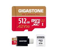 [5 Años Recuperación de Datos Gratis] Gigastone Micro SD 512GB 4K Camera Pro A2 V30 UHS-I U3 Clase 10 hasta 150/120MB/s para GoPro y Action CAM con Adaptador y Lector USB-C