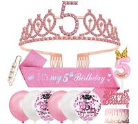 5 Cumpleaños Corona Banda 5 Años Decoración Cumpleaños, Oro Rosa Corona Cumpleaños Sash Globos Velas de 5º Cumpleaños 5 Años Primero de la Torta para 5 Cumpleaños Niña Decoracion 5 Cumpleaños
