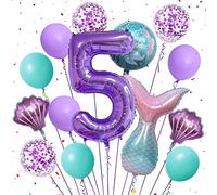 5 Cumpleaños Globos de Sirena Grande Morado Globo Número 5 Año Sirena Globos de Confeti Concha de Niña Decoración de Cumpleaños