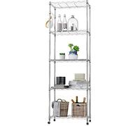 oliote 5 Estantes Estantería, 5 Baldas Estantería de Alambre, Estantería de Cocina,Estantería en Metal con Ganchos Laterales, Cromado, 59 x 35 x 183 cm, Plata