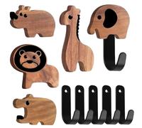 5 ganchos para ropa en forma de animal: perchero infantil de madera de nogal, perchero de pared con tornillos, perchero para niños, para dormitorio, cuarto de baño, armario