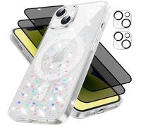 5-in-1 Clear Glitter Funda for iPhone 13 / iPhone 14 with 2X Privacy Cristal Templado, 2X Camera Protector Silicone for Girls, Anti-spy Cristal Templado, Funda mit Mag-Safe Shockproof Anti-Scratch