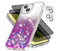 5-in-1 Purple Glitter Funda for iPhone 13 / iPhone 14 with 2X Privacy Cristal Templado, 2X Camera Protector Silicone for Girls, Anti-spy Cristal Templado, Funda mit Mag-Safe Shockproof Anti-Scratch