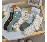 5 Otoño Invierno Girly Flor Floral Vibes a Cuadros Calcetines Media Caña