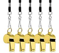5 Pack Silbato de Acero Inoxidable, FineGood Silbido de Metal Fuerte con cordón para los árbitros Entrenadores Salvavidas Supervivencia Fútbol de Emergencia Baloncesto Hockey de fútbol - Oro