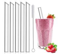 5 pajitas de té reutilizables de cristal [+cepillos de limpieza], pajita ecológica sin BPA, ideal para cócteles, burbujas de té y batidos - 14 mm 21,5 cm