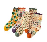 5 Pares Calcetines Divertidos Mujer Volantes, Coloridos Calcetines de Algodón de Tobillo Alto de Florales Bordados Vintage Transpirables para Primavera y Verano