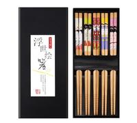 5 Pares Palillos Japoneses, Palillos de Bambú Naturales Reutilizables, 9" Palillos de Madera Vajilla Set en Lavavajillas, para Comer Ramen Sushi Fideos Cocina Asiática, Caja Negra Estilo Japonés