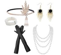 5 pcs Accesorios Mujer Años 1920,1920s Set de Accesorios Disfraz,Juego de Accesorios Gatsby con Diadema Guantes Collar de Perlas Pendientes