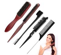 5 Pcs Cepillo de Pelo de Cerdas de Jabalí Cepillo，Cola Peine Profesional Peine de Salón，Coletas，para Cabello Largo y Grueso, Ondulado, Seco o Dañado, Reduciendo la Rotura del Cabello