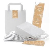 5 petit geschenktüten Anse Sacs de papier Blanc 18 x 8 x 22 cm + 5 schön dass du da bist Beige crème naturelle Stickers Pointe Emballage Give Away Mariage solides